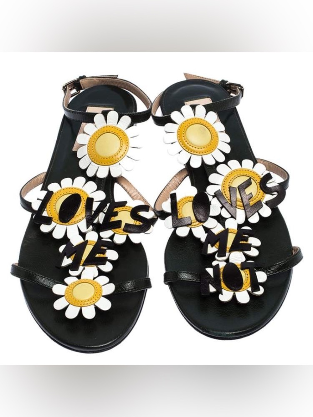 Valentino Garavani Black Daisy 'Loves Me, Loves me Not’ Slide Sandals | 38.5